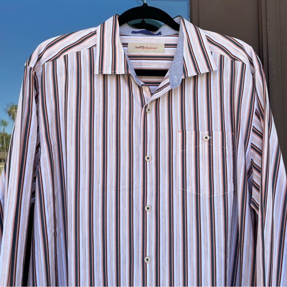 Tommy Bahama Orange/Blue/Cream Striped Dress Shirt L